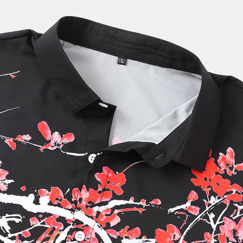 Fashion Men Plum Blossom Print Lapel Shirts Casual Summer Short Sleeve Tee Tops