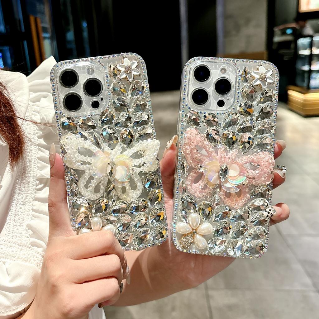 For iPhone 16 Pro Case Glass Rhinestone Decor Butterfly Pattern TPU Phone Back Cover