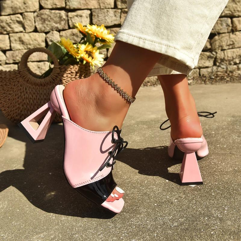 Босоножки с открытым носком Женские 2025 Элегантные Женские Туфли на Высоком Каблуке Летняя Мода Комфортные Толстые Средние Каблуки Шлепанцы Металлическая Декорация