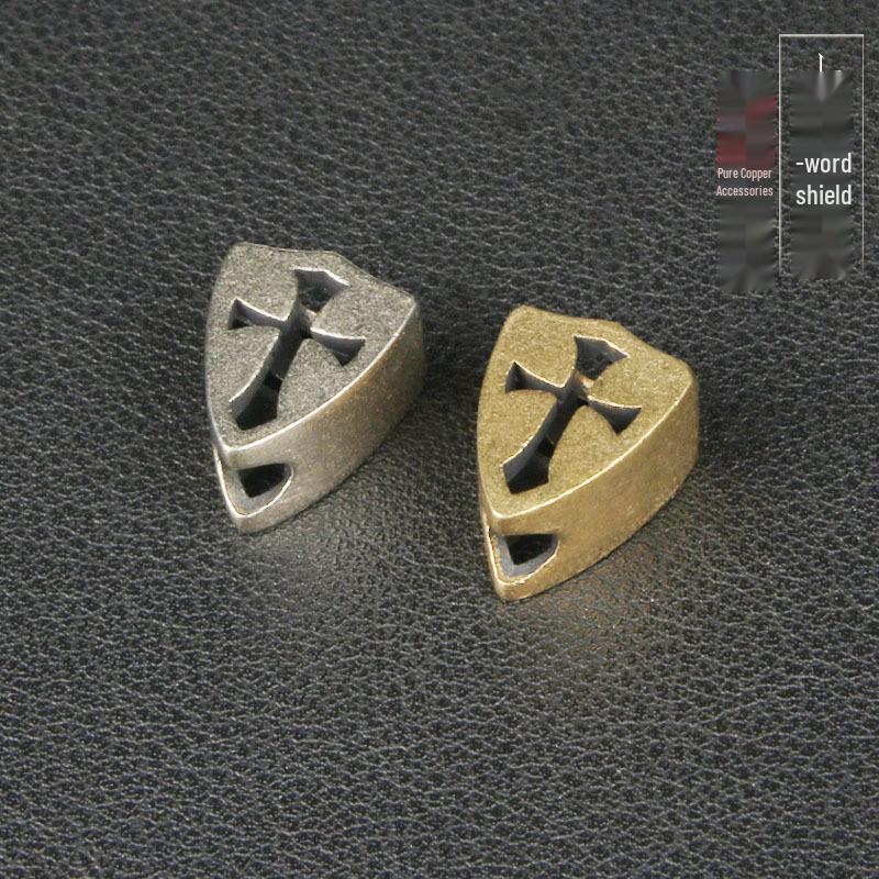 Brass Openwork Cross Shield EDC Knife Lanyard Pendant, Rope Spacer Bead, DIY Accessory Keychain Charm.