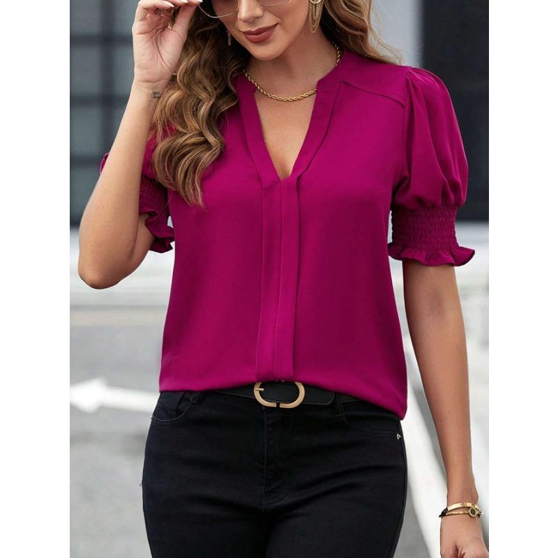 Summer Women's Shirt V-neck Temperament Bubble Sleeve Solid Colour Shirt Short Sleeve Top