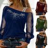 Осень-весна, женский топ, прозрачная сетка, лоскутное шитье, блестящие блестки, стразы, диагональный воротник, свободный длинный рукав, цветочный узор, одно плечо, плюс