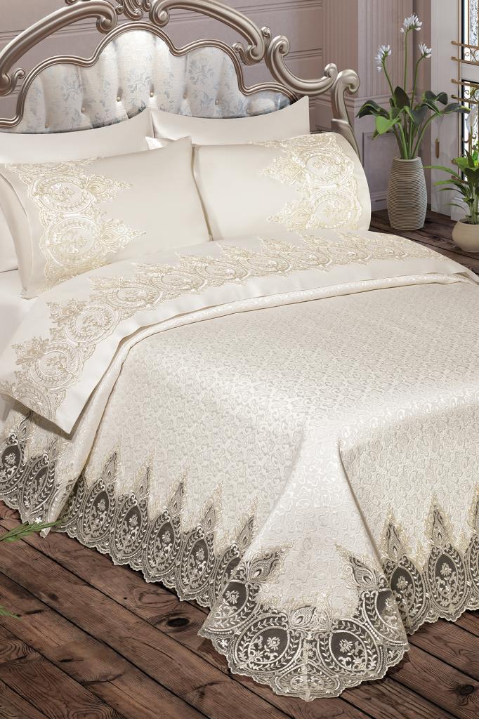 Комплект покрывала Ilaida, покрывало 240х260, простыня 240х260 с наволочкой, парчовая ткань, полный размер, кремовый двойной размер
