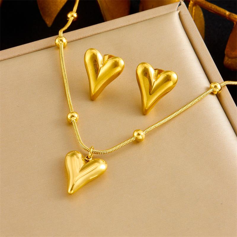 DIEYURO 316L Stainless Steel Steell Golden Simple Love Heart-shape Pendant Necklace Earrings Set For Girl New Trend Jewelry Gift