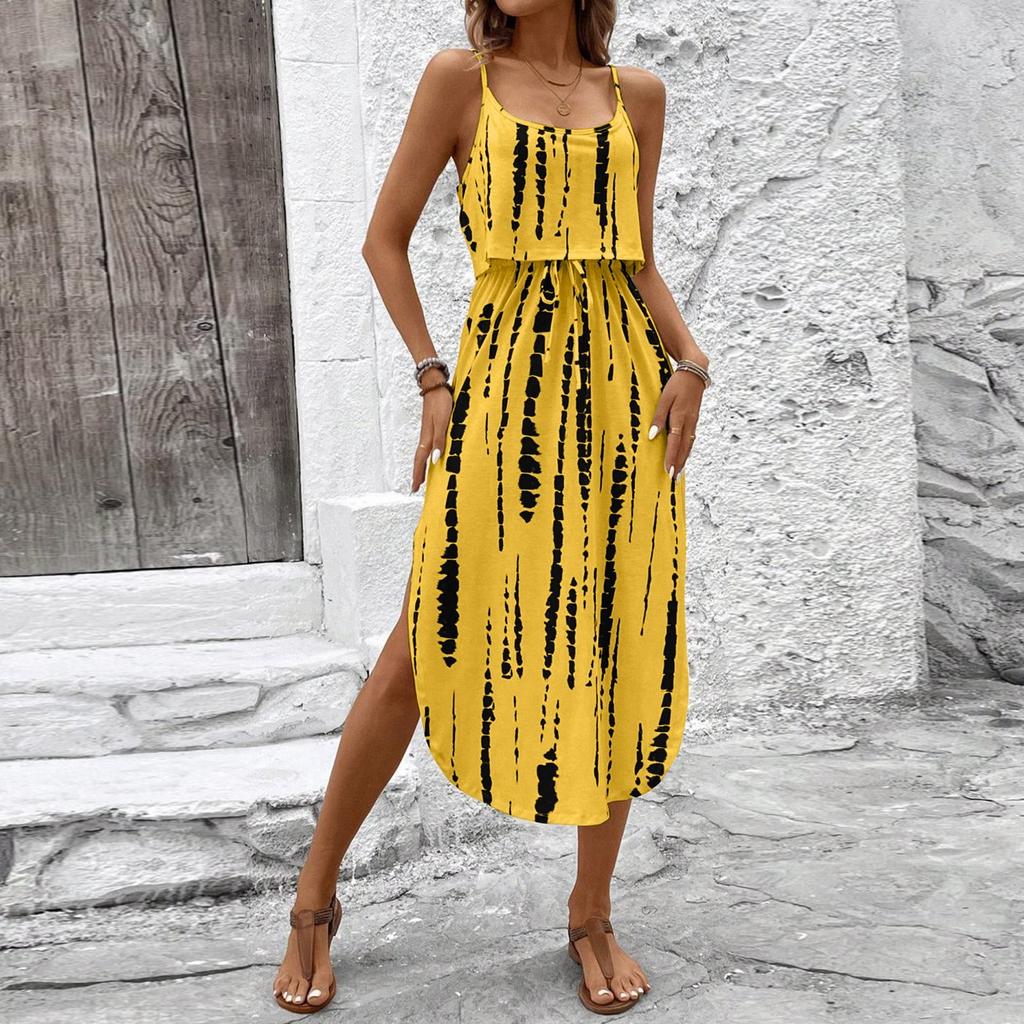 Women's Fashionable Retro Printed Camisole Waist Cinching Casual Dress