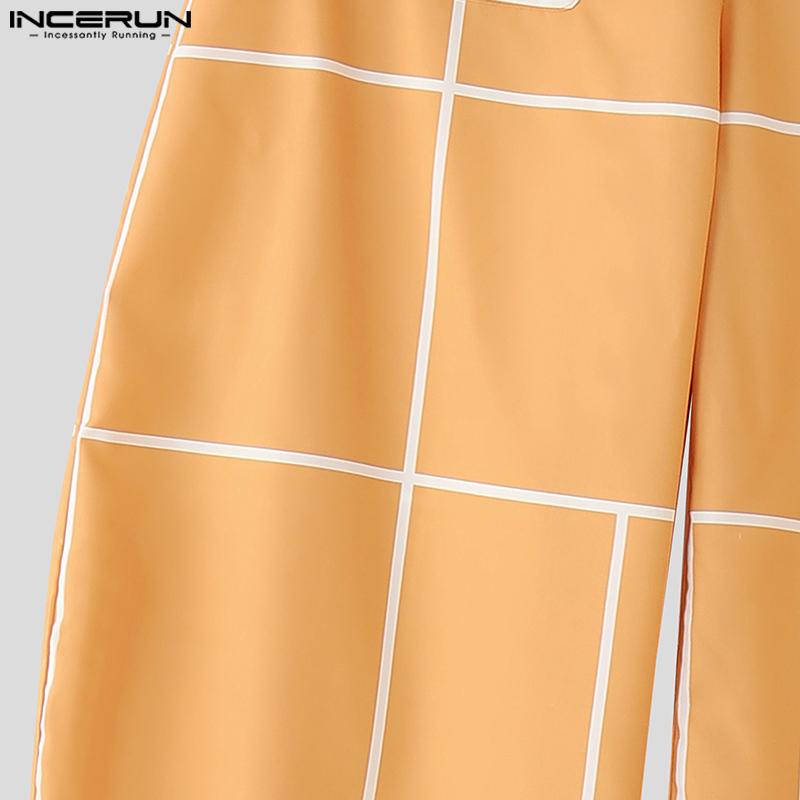 INCERUN Мужские брюки оверсайз на молнии с боковыми карманами на талии, клетчатые, повседневные, свободные, длинные