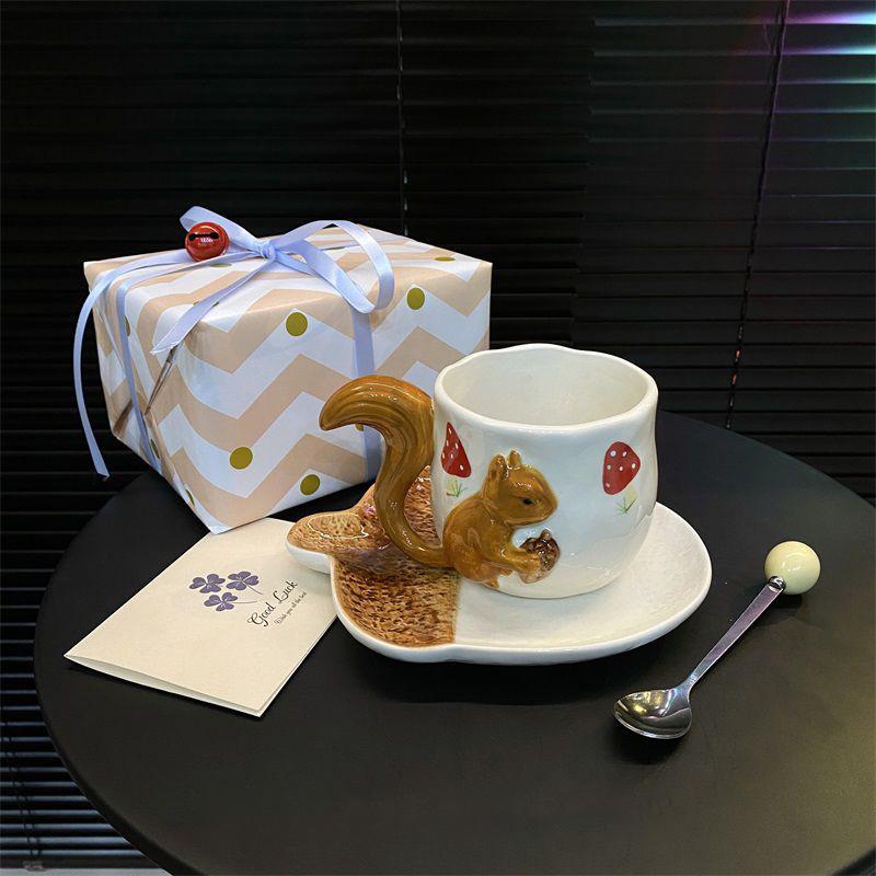 Creative 3D Squirrel Coffee Cup with Tail Handle & Acorn Saucer Set Cute Ceramic Animal Mug Novelty Gift