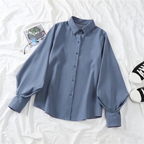 Women Casual Shirt Lapel Lantern Long Sleeve Baggy Shirt Solid Color Single Breasted Shirt Tops Streetwear