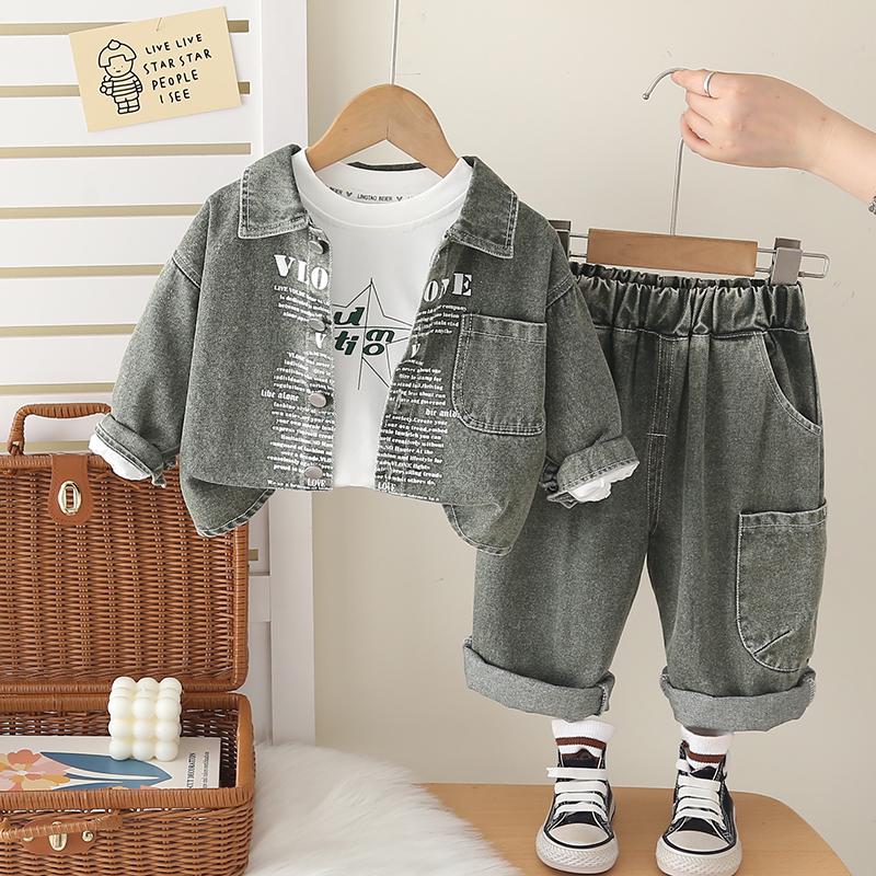 Комплект из 3 предметов с длинным рукавом для мальчиков 0-5 лет, Модный костюм для мальчиков, Детская джинсовая куртка+белая футболка+джинсовые брюки