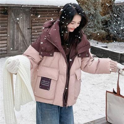 Женская зимняя куртка из хлопка с капюшоном и цветными блоками, свободная короткая стеганая куртка, корейская трендовая