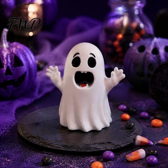Cute Cartoon Ghost Ornaments Halloween Figurine, Small Red Heart Pumpkin Bucket Statue, Spooky Tabletop Decorations Resin Funny Ornament for
