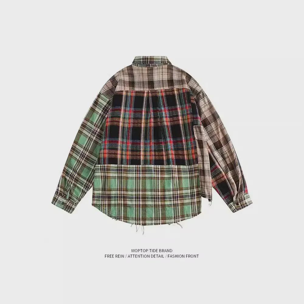 Мужская свободная рубашка в стиле хип-хоп с длинным рукавом в клетку и лоскутным узором