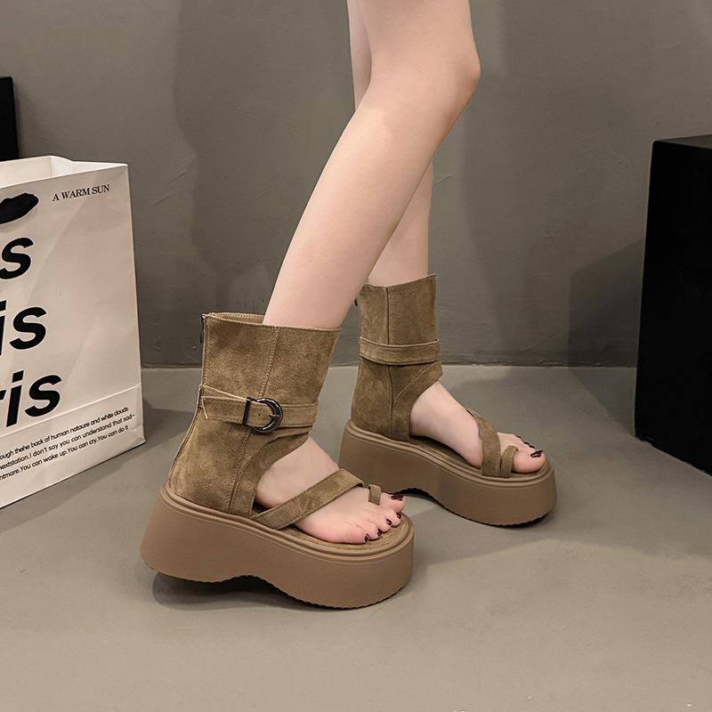 Ретро крутые ботинки на толстой подошве женские 2025 лето новая мода сандалии с закрытым носком на высокой платформе ботильоны на молнии