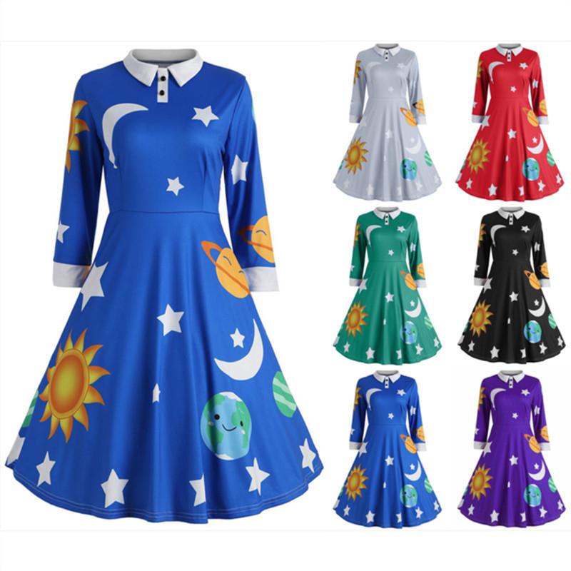 Magic School Bus Cosplay Ms.Frizzle Costume Solar System Long Sleeves Dress Elegant Printed Blue Dress for Party