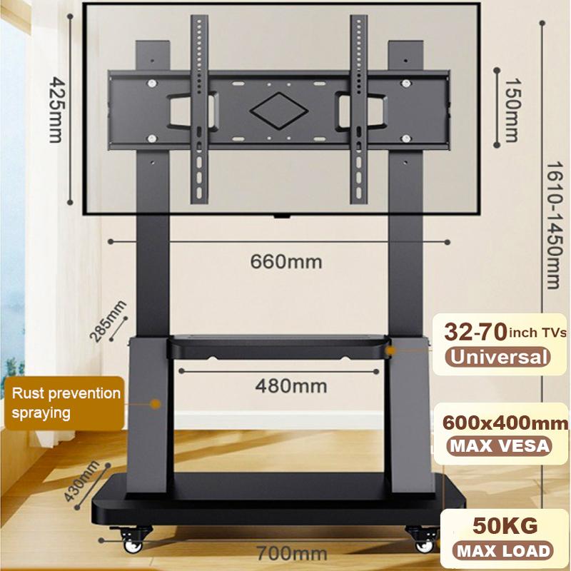 Mobile TV Stand, Tilt Rolling TV Cart with Media Shelf and Locking Wheels, Fits 32-70” TVs, Holds Up To 154lbs,Max VESA 600x400m