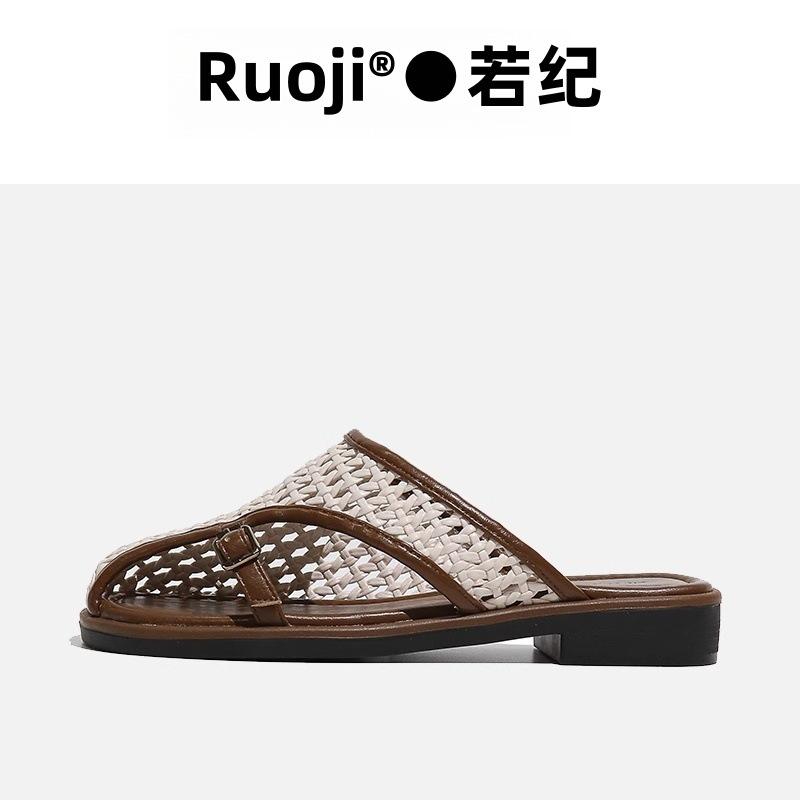 Woven Bag Head Half Slippers Female Oblique Mouth 2025 Summer New Soft Leather Hollow Breathable Belt Buckle Non-slip Retro Sandals