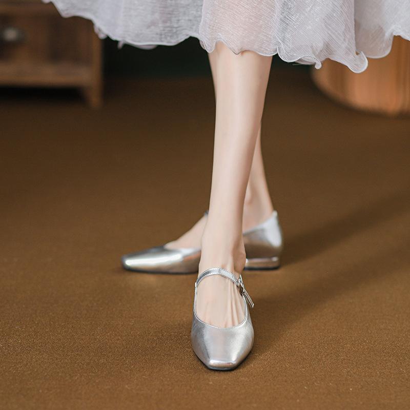 2025 Summer Mary Jane Women's Shoes Soft-soled Low-heeled Single Shoes Women's Ballet Silver Shoes Thick-heeled Silver