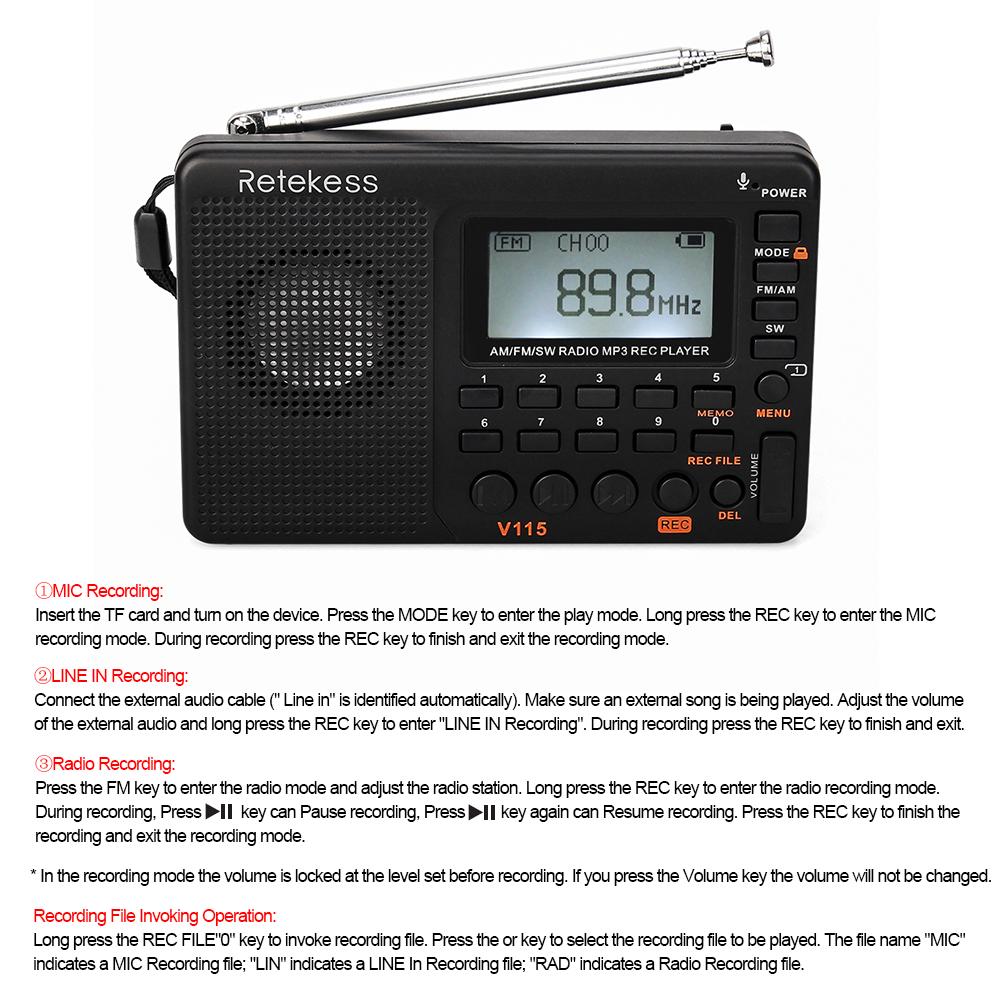 Retekess V-115 FM/AM/SW Radio Multiband Radio Receiver REC Recorder Bass Sound MP3 Player Speakers