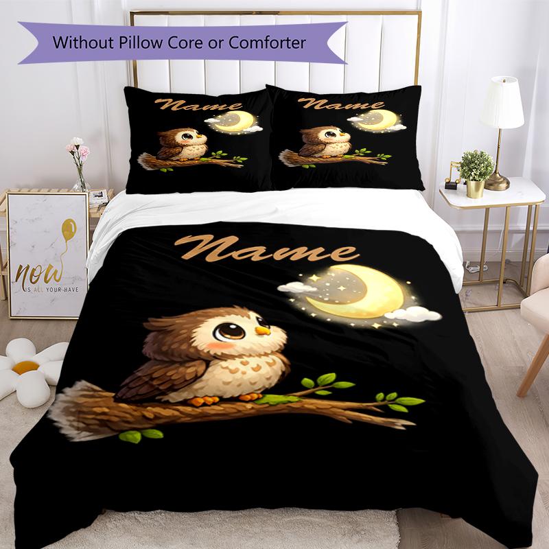 3pcs Custom Name Owl Bedding Set Duvet Cover Closure Includes 1 Duvet Cover & 2 Pillowcases, Soft and Comfortable for All Seasons.