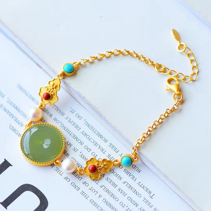 Браслет-кольцо из нефрита в китайском стиле «Фу Лу Пин Ань» на удачу с зеленой инкрустацией