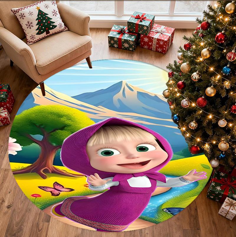 Masha and The Bear Pattern Round Rug, Indoor/Outdoor Mat, for Picnic, Gameroom, Bedroom, Office, Living Room, Home Decor Carpet, Birthday Gift