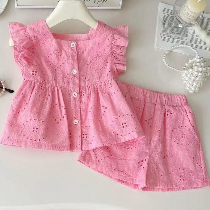 Girls Summer Pink Cotton Cap Sleeve Top And Shorts Set Baby Girl Two Piece Outfit Casual Soft Breathable Clothes