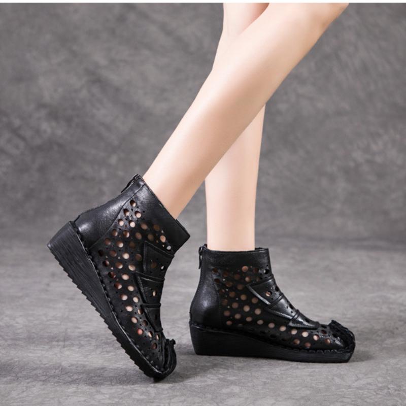 Johnature Genuine Leather Summer Hollow Out Boots Retro Handmade Round Toe Breathable Wedge Sandals Women's Shoes