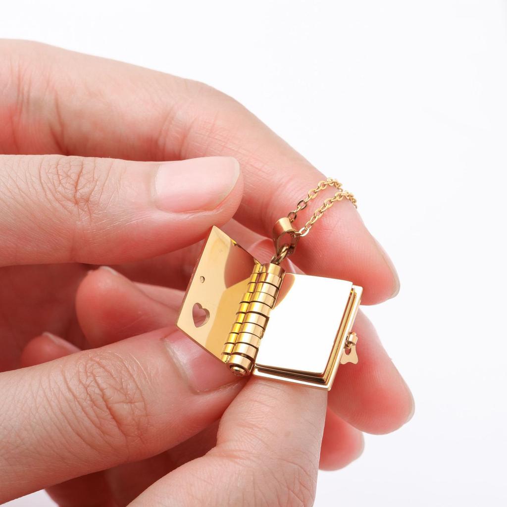 Custom Engraved 18K Gold Stainless Steel Book Necklace Trendy Personalized Hypoallergenic Waterproof Jewelry Gift for Women