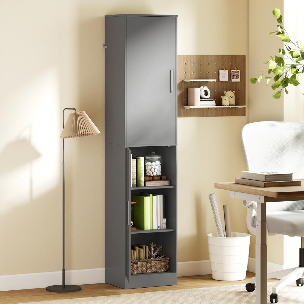 Bathroom column cabinet with 2 doors and 4 adjustable shelves, 40 x 35 x 180 cm, grey