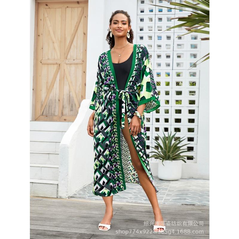 Плюс Размер Женский Пляжный Принт Кардиган Бикини Солнцезащитный Купальник С Накидкой