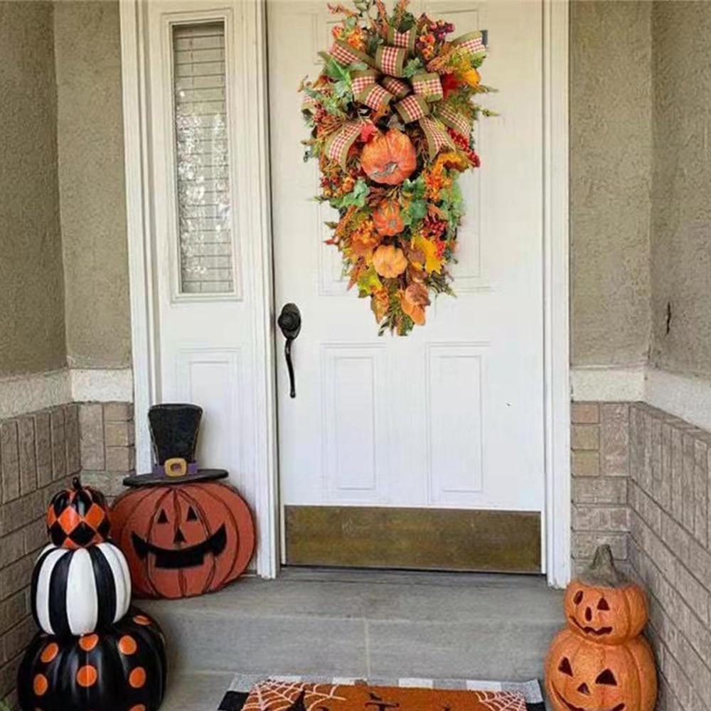 Fall Wreaths For Front Door Autumn Maples Leaf Pumpkin Berry Wreath Teardrop Garland Indoor Outdoor Decoration Navidad