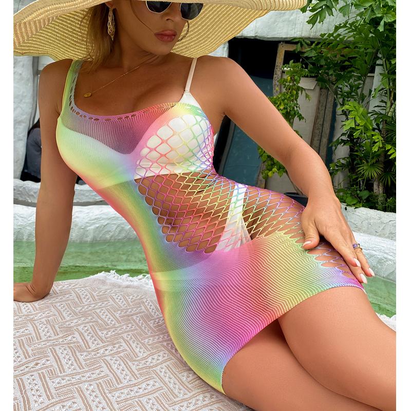 Sexy Women Sheer Mesh Bikini Cover Up Swimwear Swimsuit Bathing Suit See Through Crochet Rainbow Fishnet Beachwear Dress CT014