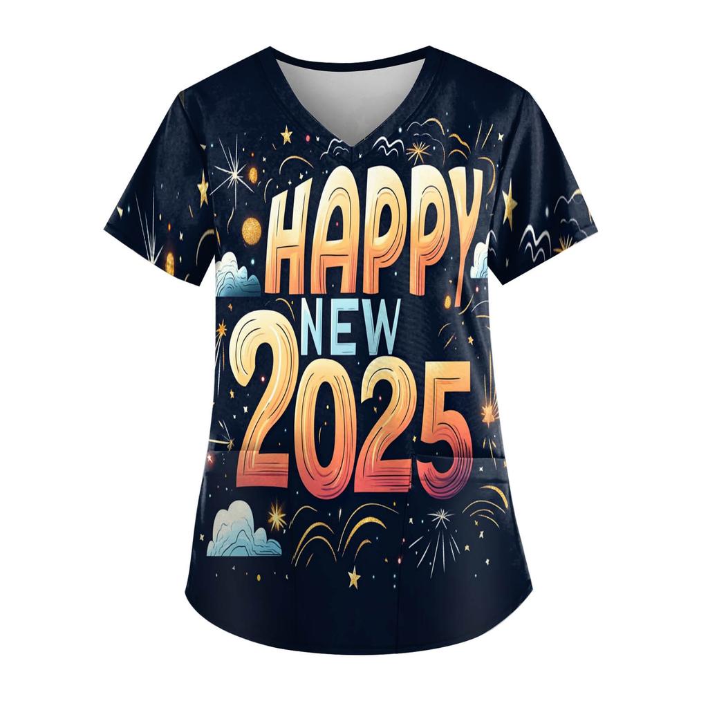 Женская модная новогодняя футболка с короткими рукавами, V-образным вырезом и маленьким карманом