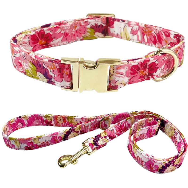 Floral Metal Engraved Custom Pet Collar Traction Rope For Medium Large Dogs Cats