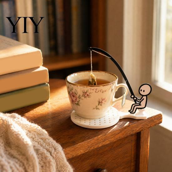 Tea Bag Holder for Glass Cup Fishing Man with Coaster, Cute Stick Figure Minimalist Anti-drip Coaster Holder, Funny Desk Drip Catcher, Novelty