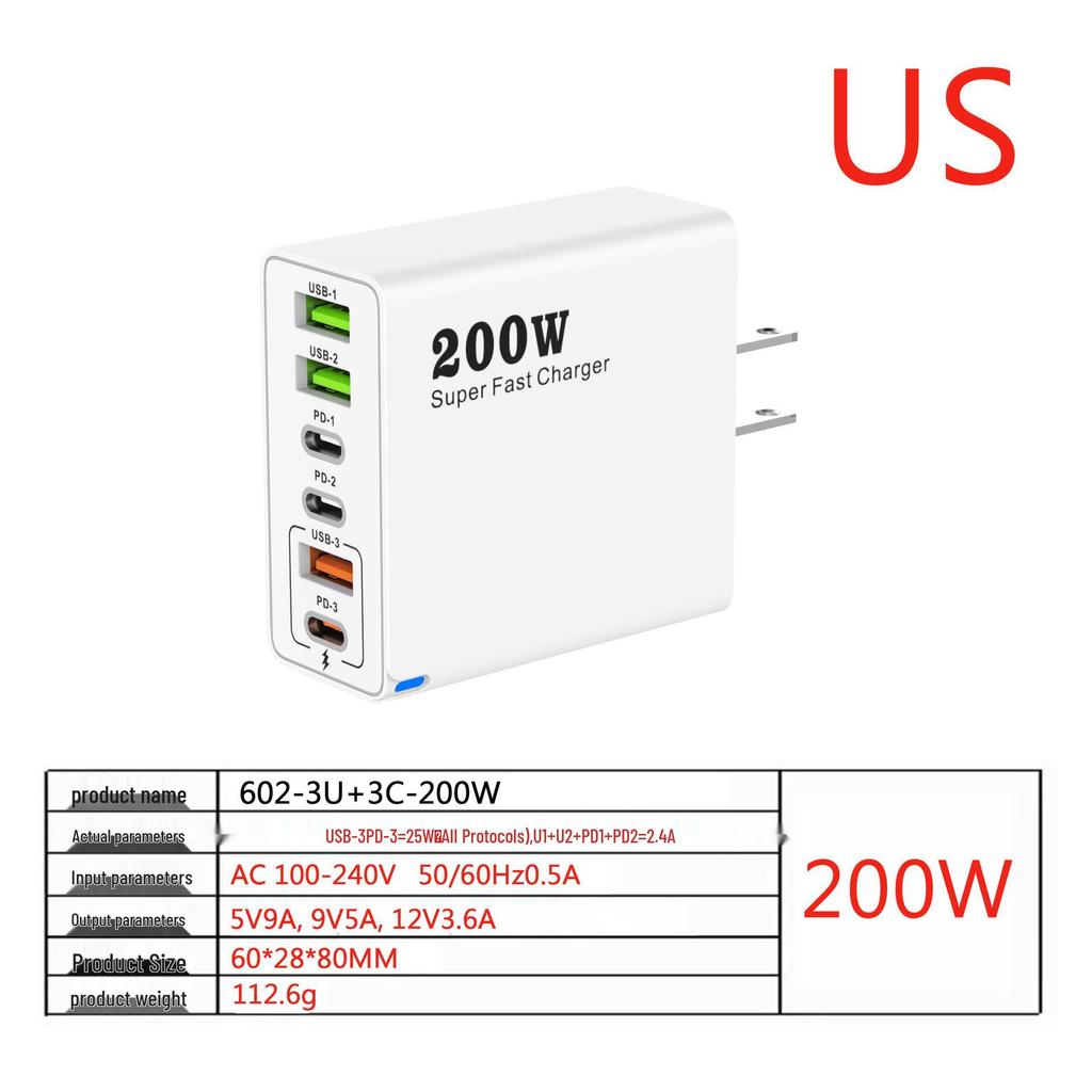 Многопортовое зарядное устройство 200 Вт: 3 USB + 3 PD, Быстрое зарядное устройство 6-в-1 для мобильных телефонов, 5 В/2,4 А, Стандарты ЕС/США/Великобритании