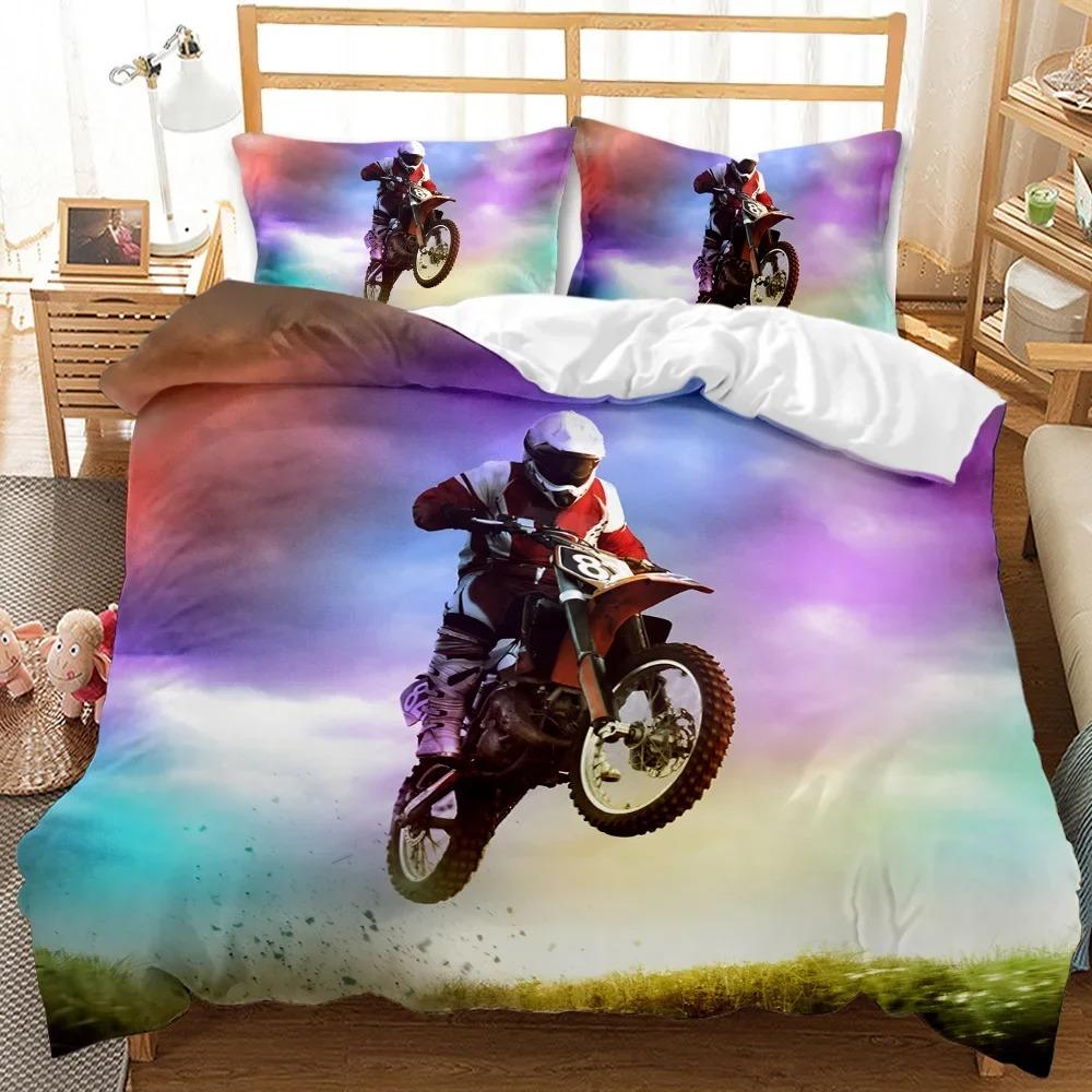 Motorbike Duvet Cover Set Motocross Rider Racing Motorcycle Dirt Bike Bedding Set Vehicles Extreme Sports Polyester Quilt Cover