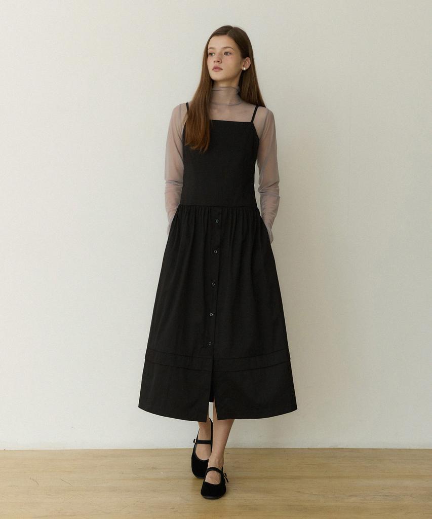 Adowl Thin Line Raw Rise Button Long Dress - Black