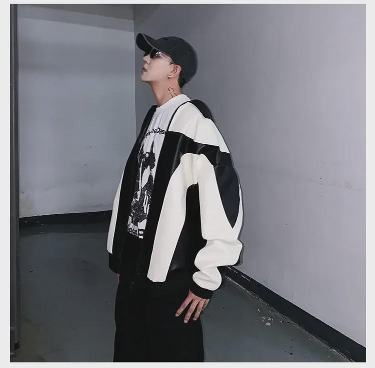 Мужская кожаная куртка в гонконгском стиле: Корейская мода осень/зима, молодежный свободный крой, контрастные цвета, повседневная верхняя одежда для мотоциклистов