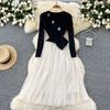Autumn Knit Splice Mesh Dress Women Full Sleeve V Neck 3D Flower Design Winter Sequins Vintage High Quality Long Dress