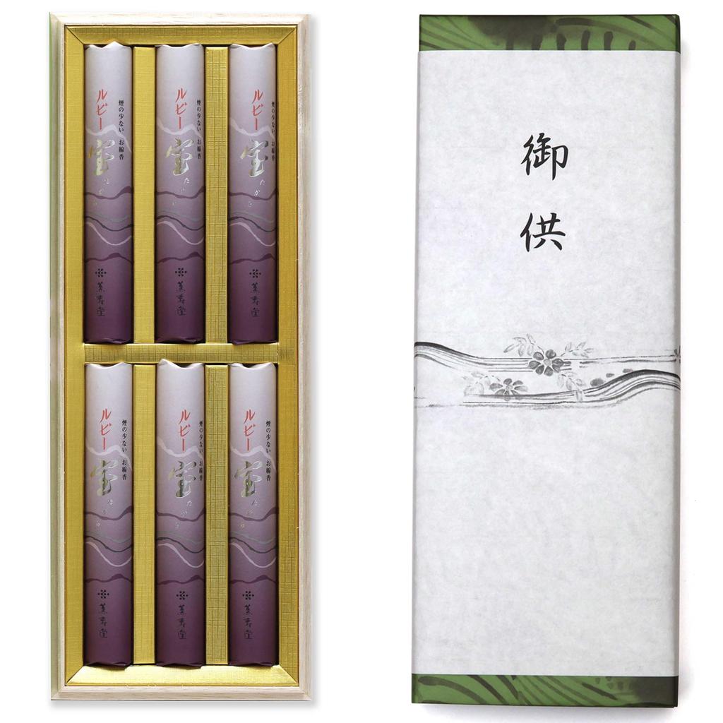 Sympathy Incense Gift Set In a Wooden Box [Treasure Ruby and Sandalwood with Outer Wrapping] Made In Japan, Low Smoke, Perfect for Buddhist Altars,
