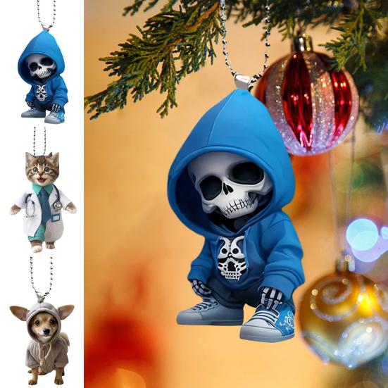 Hoodie Skull Acrylic Hanging Decoration Home Indoor Christmas Tree Car Rearview Mirror 2D Flat Dog Cat Hanging Ornament Cartoon Animal Pendant