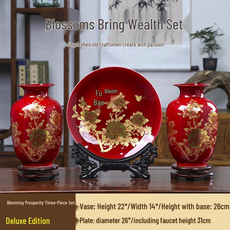 Good Fortune Jingdezhen Ceramic Vase Set: 3-Piece Décor for Living Room, Curio Shelf, or TV Cabinet