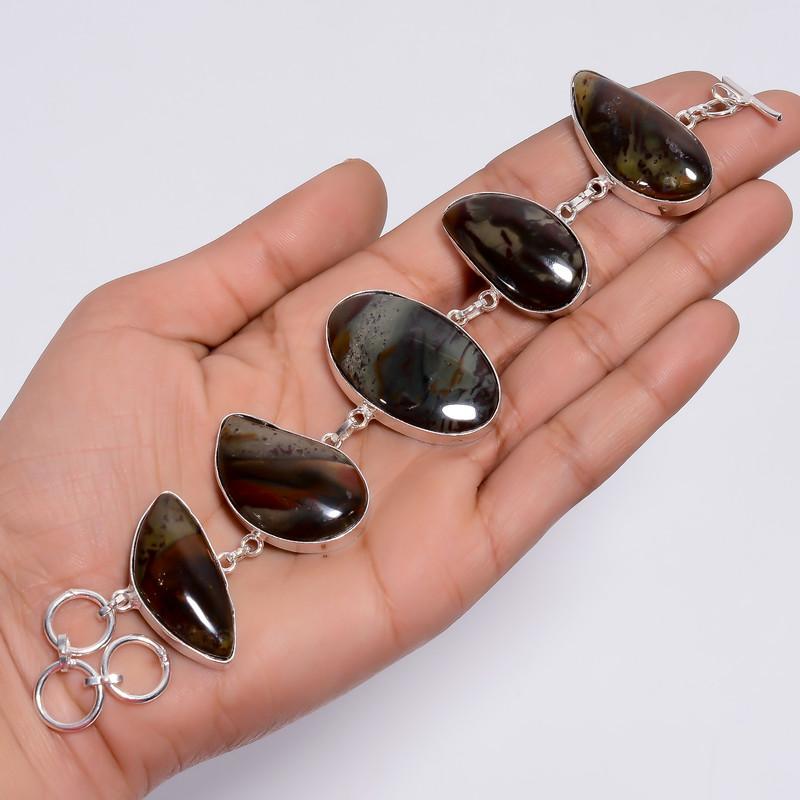 Immaculate Top Grade Qualite 100% Natural Granite Mix Shape Ethnic Style Handmade Jewelry 925 Steling Silver Plated Bracelet 7-8" WSJ-4678