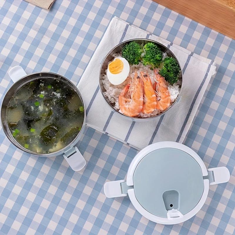 Round stainless steel insulated lunch box with lid, portable for office, school, camping and picnic.