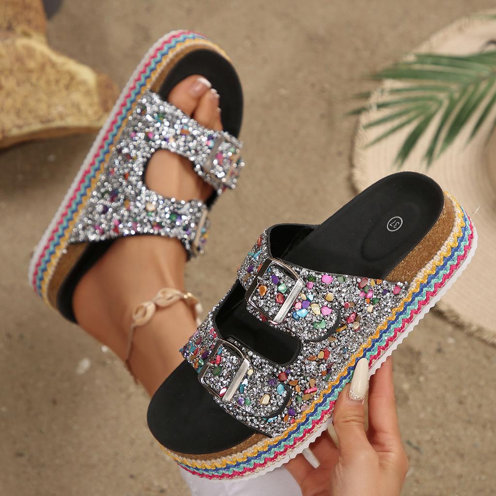 2025 Foreign Trade Slippers Fashionable Rhinestone Double Buckle One Pedal Platform Women's Beach Sandals Large Size