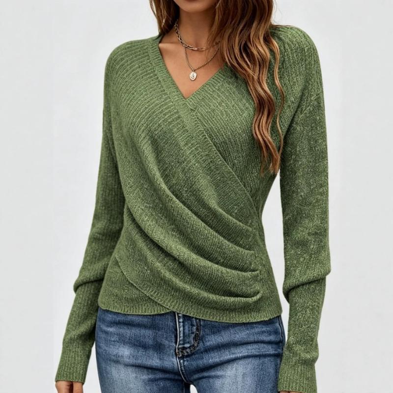 V Neck Long Sleeve Solid Knit Pullover Sweater