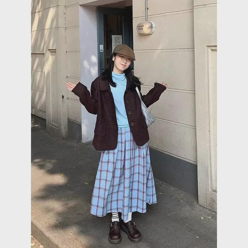 Женская шерстяная юбка средней длины в японскую клетку со складками — студенческий стиль, осенне-зимний стиль, эластичная резинка на талии, прочный дизайн в виде зонтика.