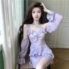 Фиолетовое платье Kawaii с открытыми плечами для женщин, летнее, тонкое, с оборками, в стиле пэчворк, милое, вечернее, женское, корейское, сексуальное, сказочное, мини-платье