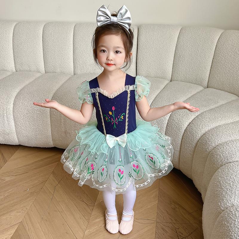 Girls' Ballet Dance Costume - Hidden Button, Open Crotch, Cross-Border Printed Mesh Dress for Performances, Princess Anna Style.